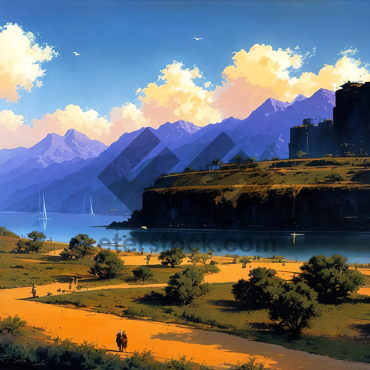 Picture of Majestic Castle Overlooking Serene River and Mountains