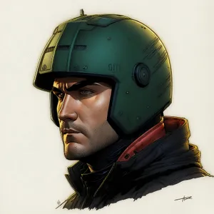 Male wearing protective helmet with chin strap.