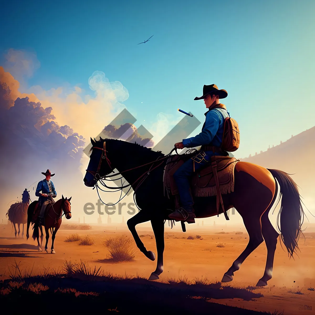 Picture of Cowboy riding horse with saddle in equestrian competition