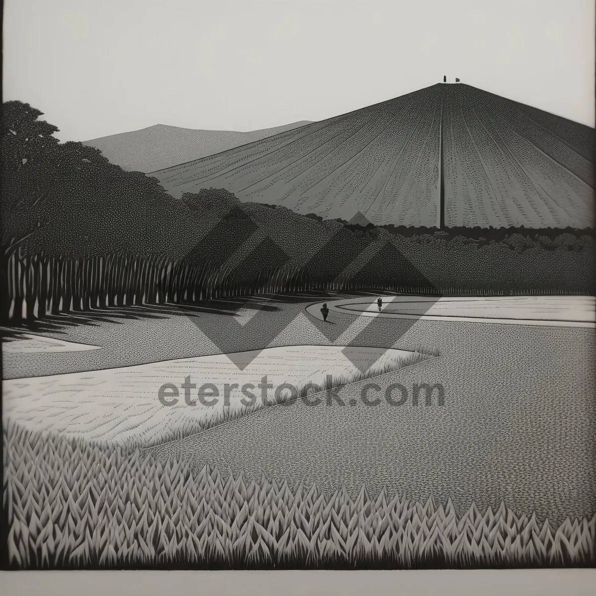 Picture of Canvas Tent on Sandy Landscape with Thatched Roof