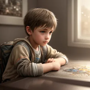 Happy young boy learning on laptop at home.