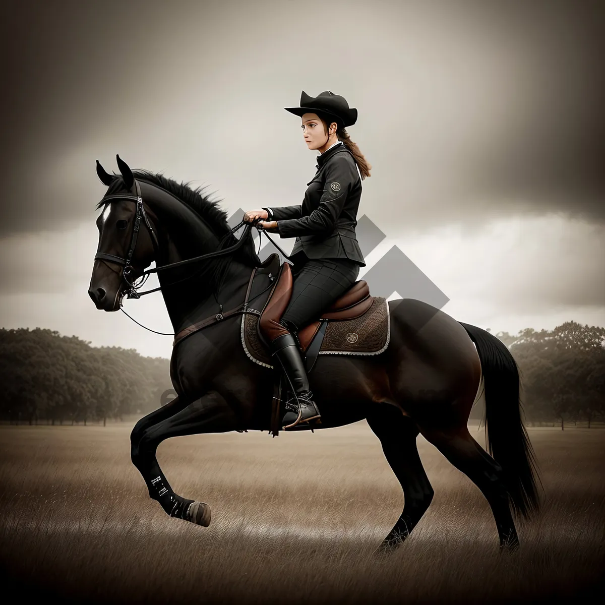 Picture of Silhouette of Equestrian Rider on Vaulting Horse at Sunset.