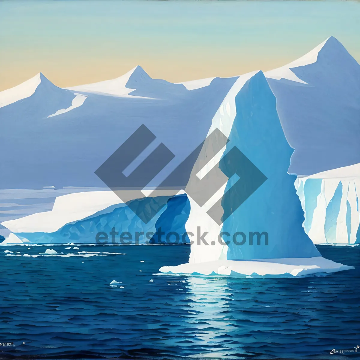 Picture of Arctic Glacier Surrounded by Snowy Mountains and Clear Blue Waters