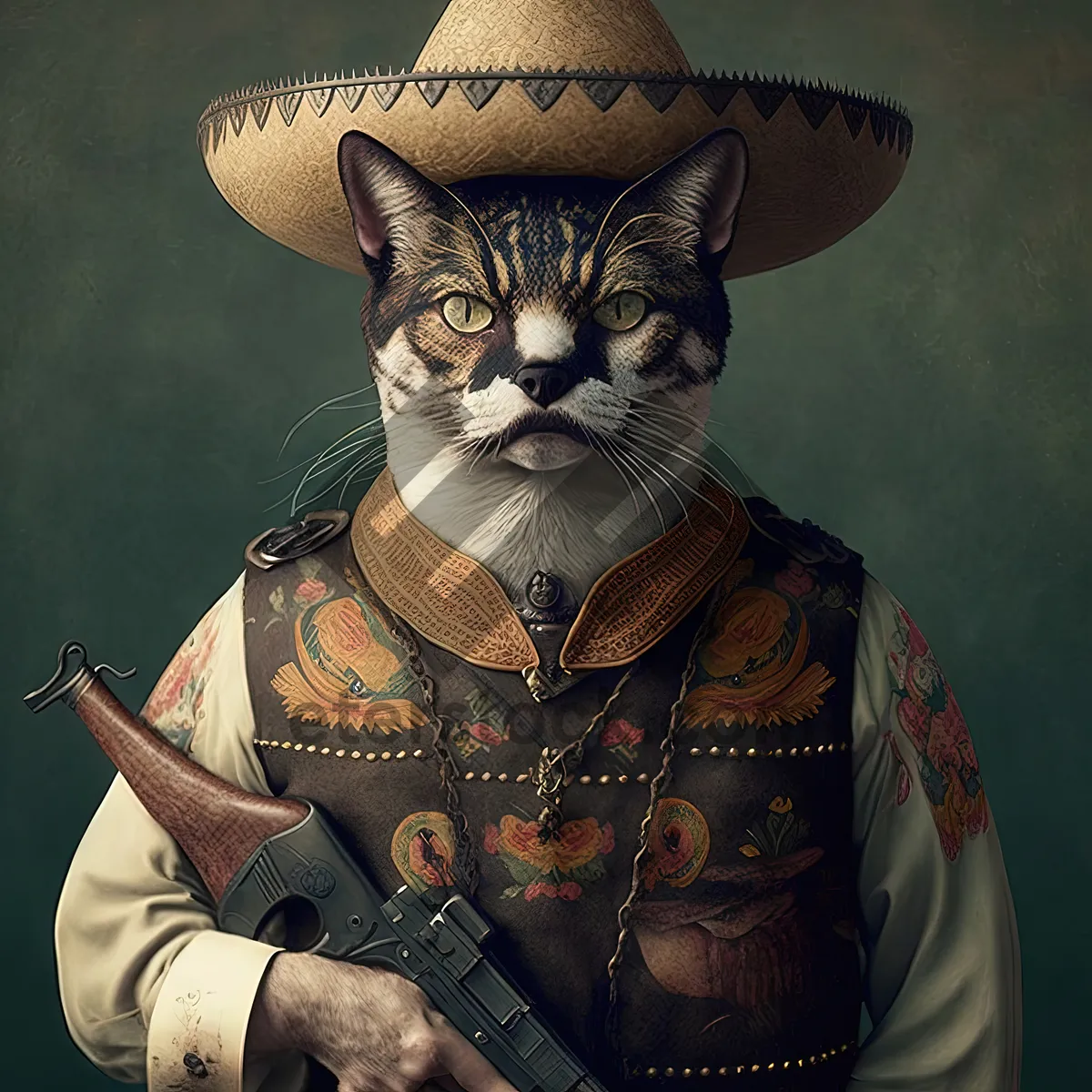 Picture of Cat portrait sculpture with cowboy hat decoration