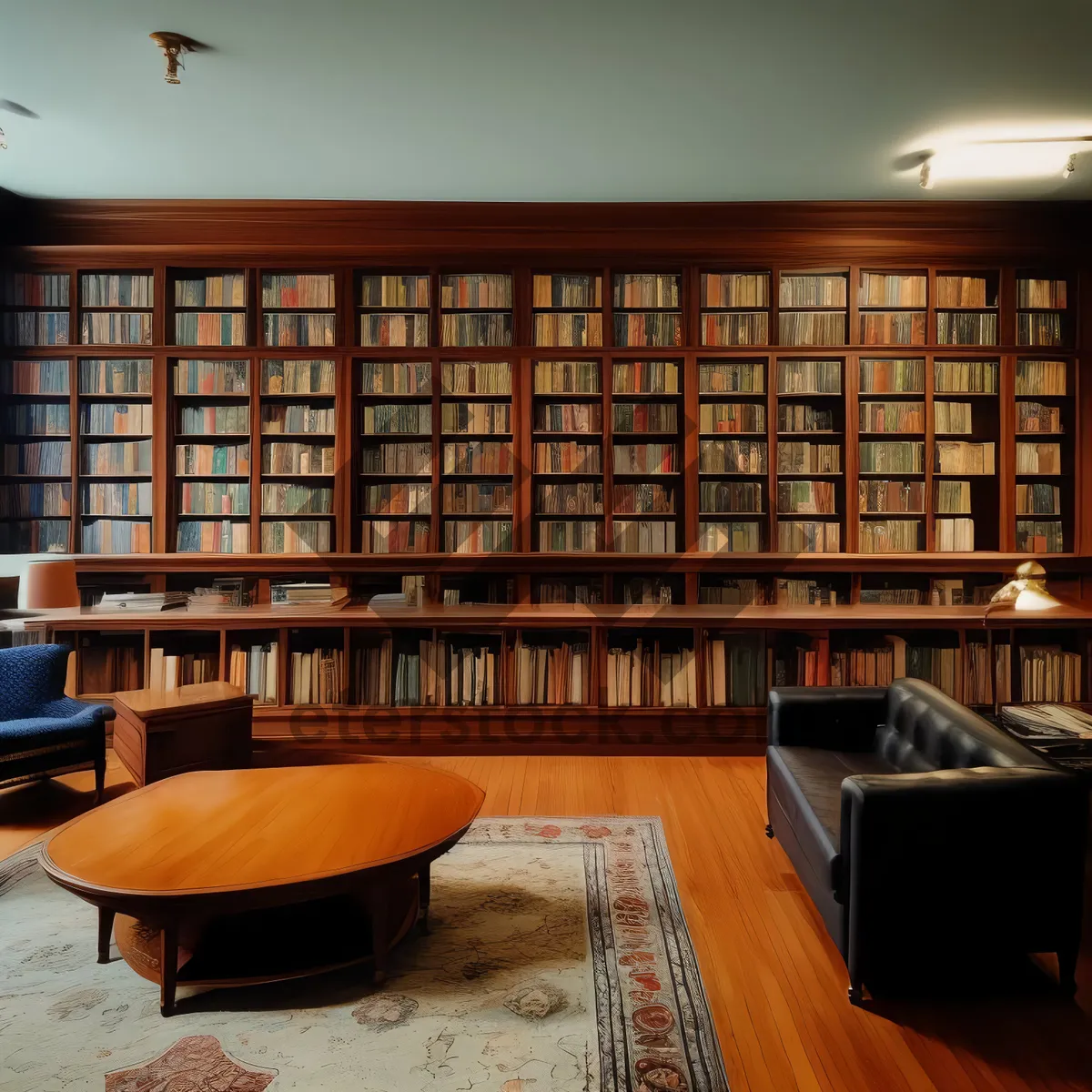 Picture of Modern Home Library with Wooden Furniture Shelf Display