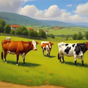 Idyllic Rural Ranch with Grazing Cows and Horses