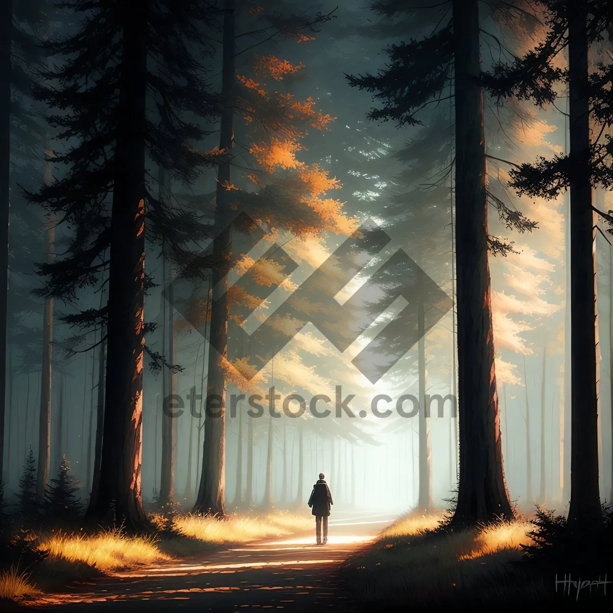 Picture of Sunlit Tree against Forest Silhouette