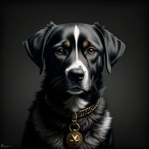 Adorable black purebred doggy portrait, sitting with friend.