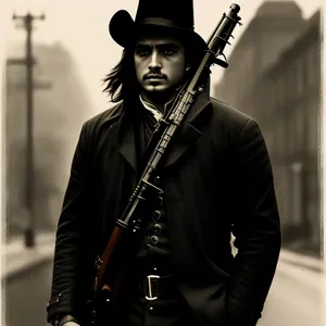 Attractive man in cowboy hat playing bassoon