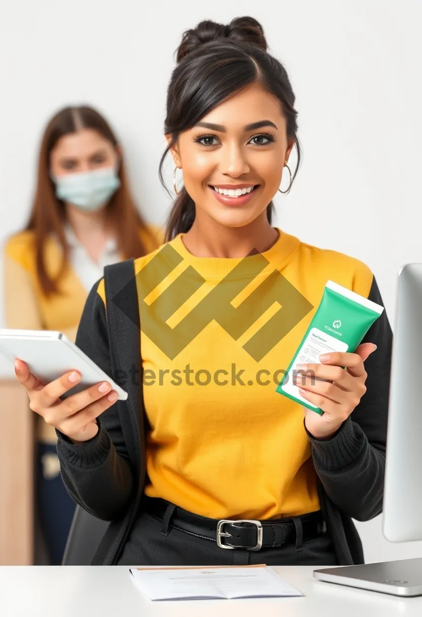 Picture of Attractive woman holding notebook, smiling happily