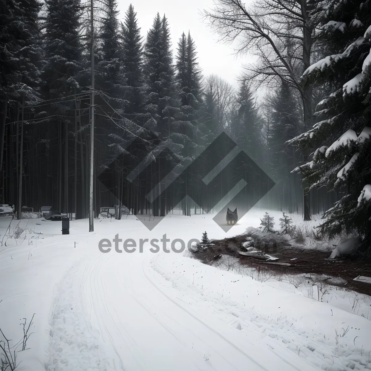 Picture of Winter Wonderland: Snow-Covered Forest with Snowmobile