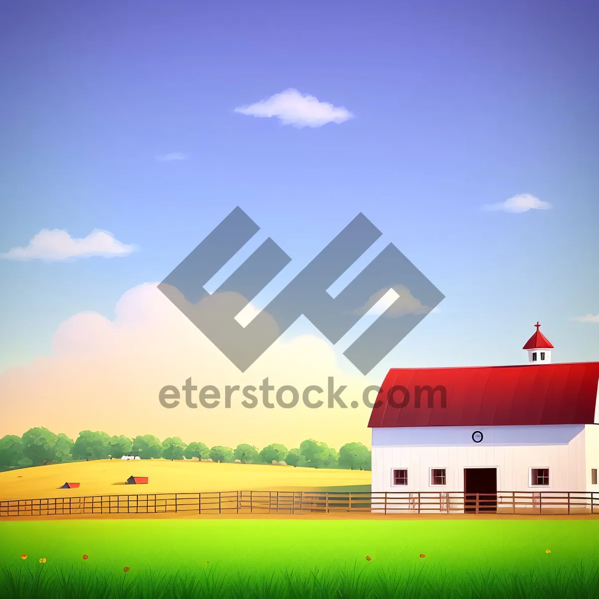 Picture of Serene countryside meadow under clear blue sky.