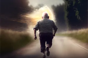 Happy man cycling at sunset with clouds in background