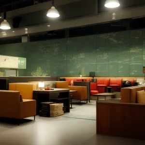 Modern Wood-Floor Interior with Counter and Chair.