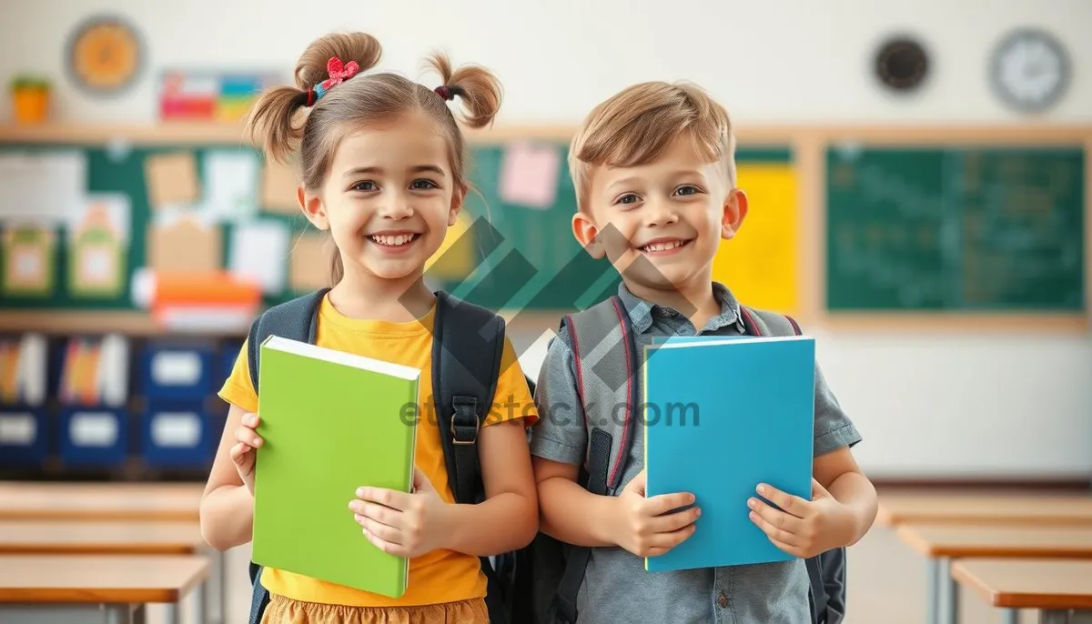 Picture of Group of happy children studying together with laptop