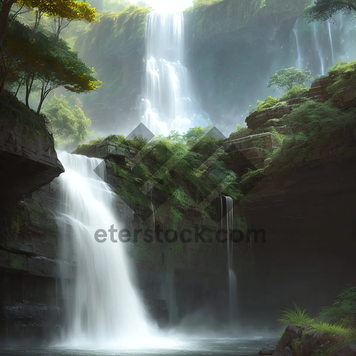 Picture of Majestic Waterfall in Serene Forest Landscape