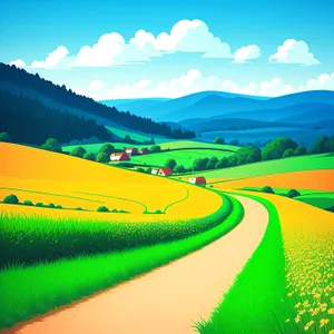 Serenity in the Countryside: Rolling Meadows Under Blue Sky
