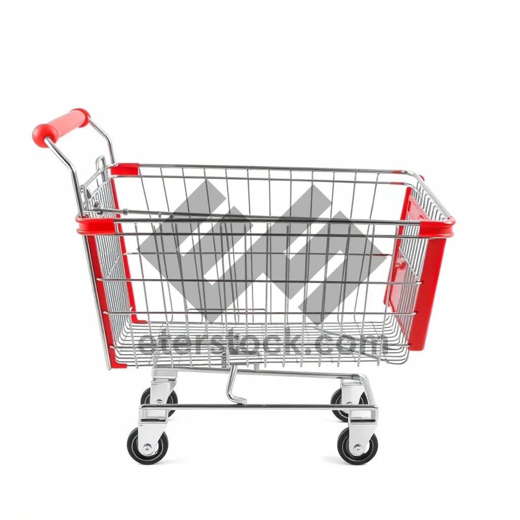 Picture of Supermarket shopping cart with metal wheels on white background