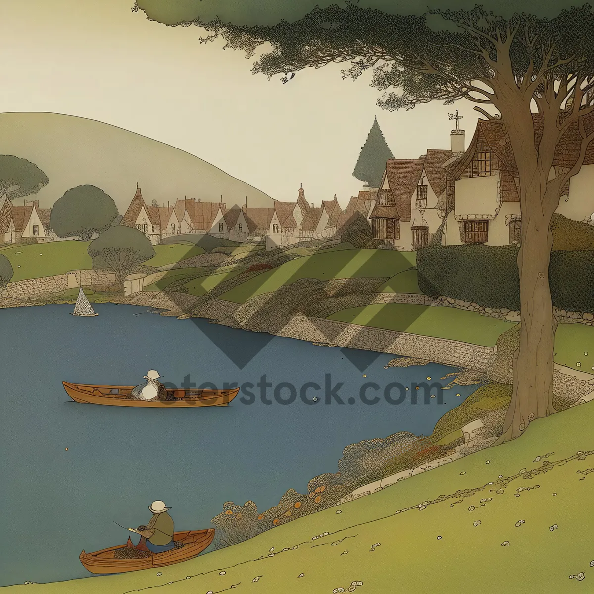 Picture of Scenic landscape with trees, river, and sky