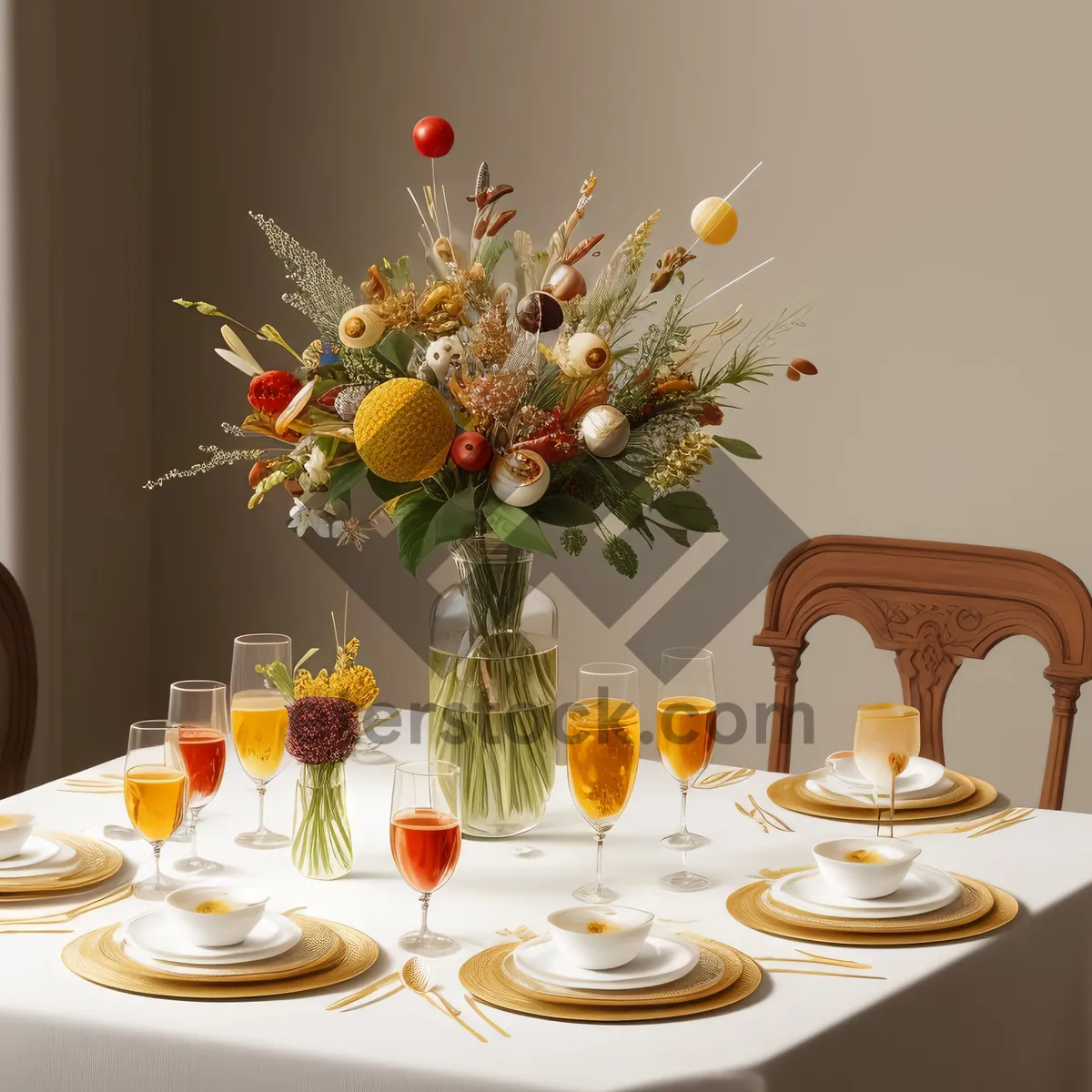 Picture of Elegant dinner table setting with luxury decor and flowers.