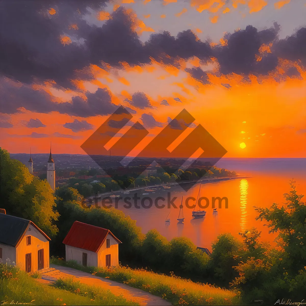 Picture of Orange sunset over mountain landscape with barn.