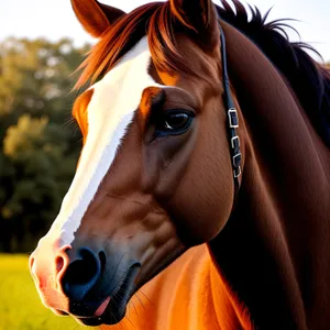 Thoroughbred Stallion with Brown Mane Grazing in Meadow