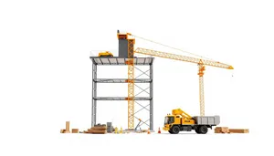 Industrial crane lifting steel cargo on construction site.