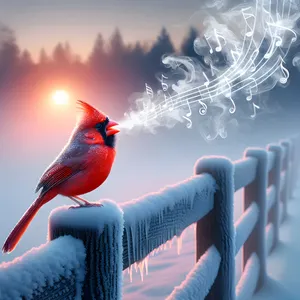 Winter bird perched on snowy branch with crystal ice