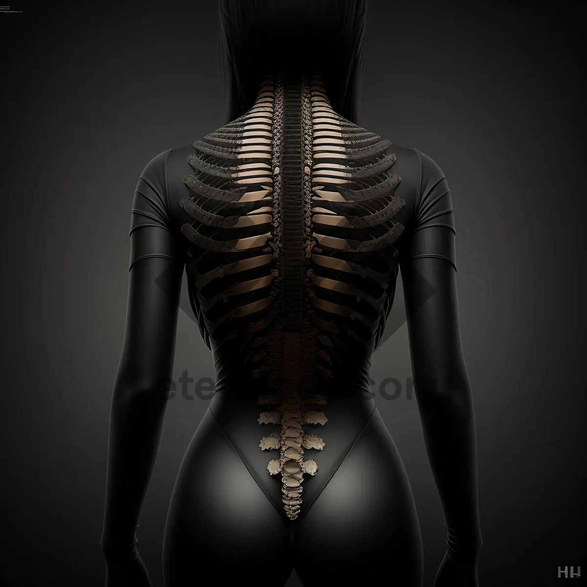 Picture of Anatomical skeletal structure with transparent 3D spine.