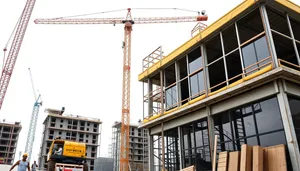 City skyline with tall crane in construction site.