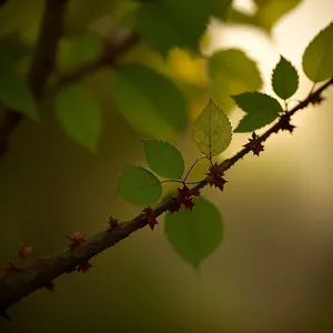 Sunlit Elm Tree Branch in Summer Forest