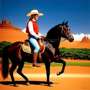 Stallion horseback riding competition with cowboy