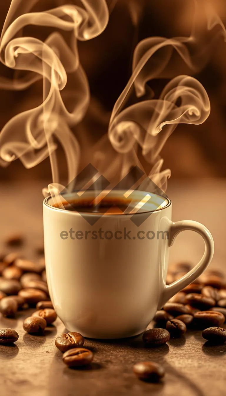 Picture of Freshly brewed espresso in black mug on restaurant table.