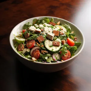 Healthy plate of gourmet vegetable salad with meat slices