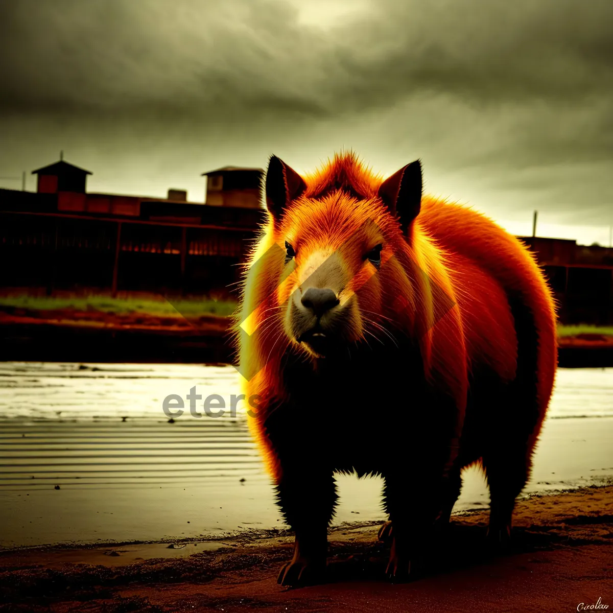 Picture of Majestic brown stallion grazing in rural pasture.