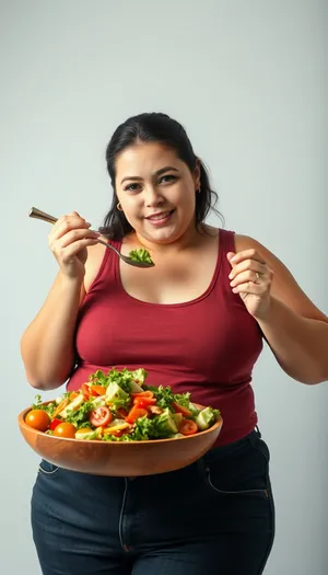 Happy adult eating fresh vegetable salad in kitchen