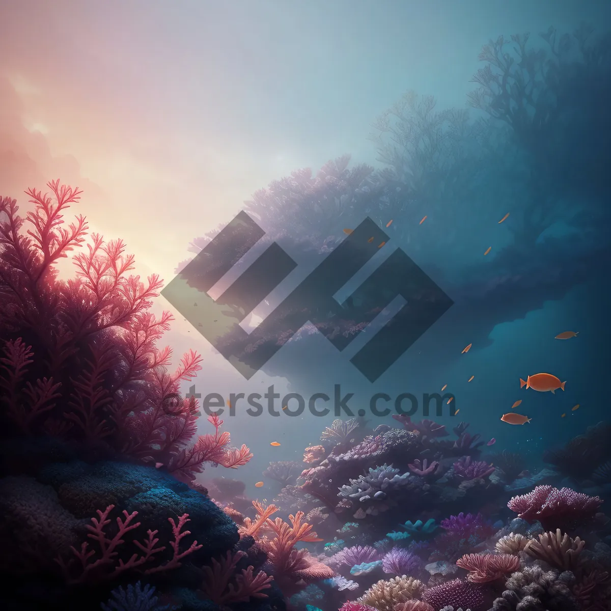 Picture of Underwater Sunlit Coral Reef with Tropical Fish