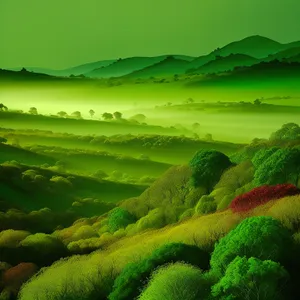 Rural farmland panorama with rolling hills and sky.