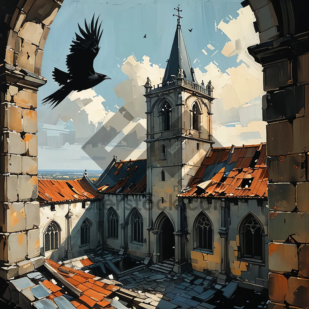 Picture of Historic cathedral tower in medieval town skyline.