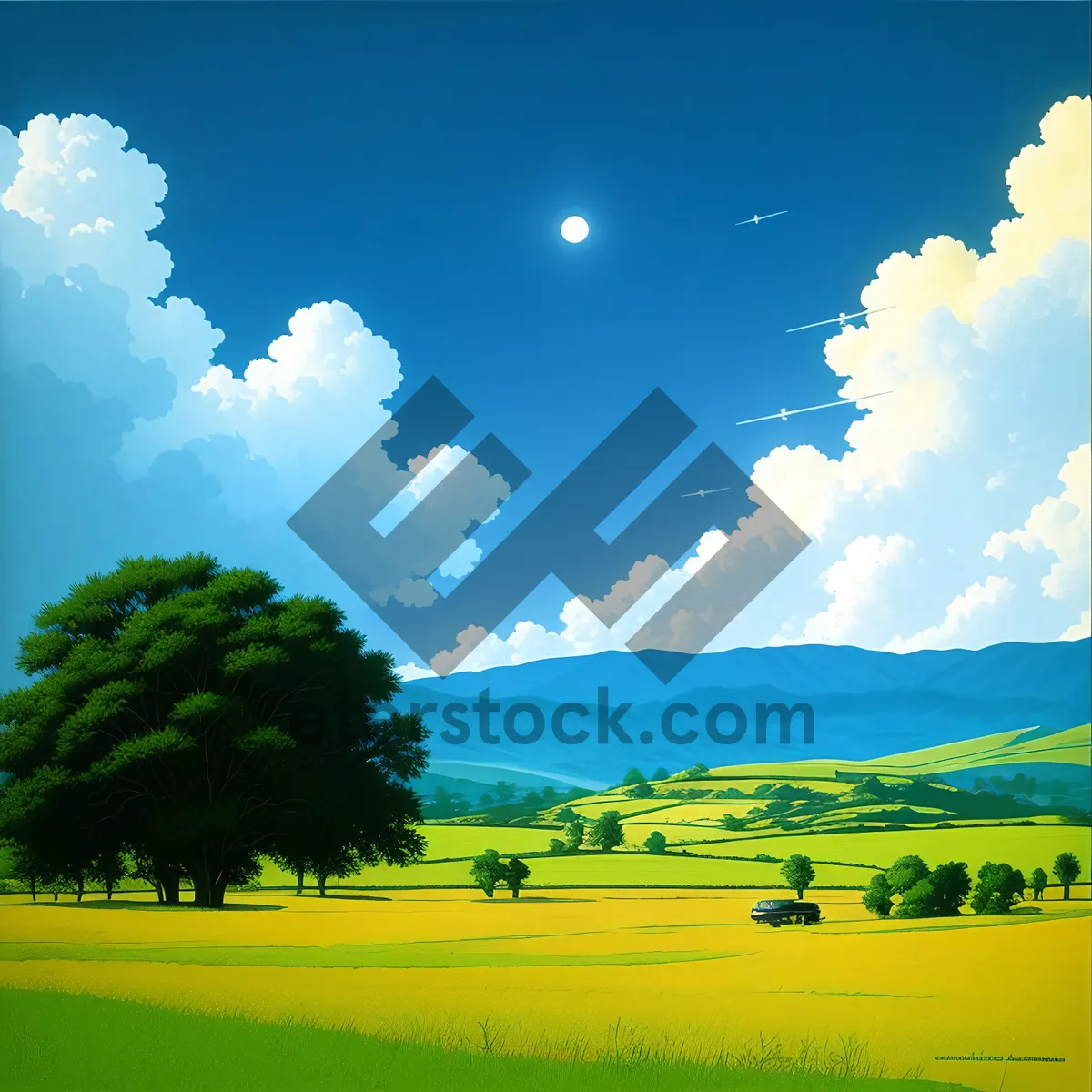 Picture of Idyllic countryside landscape with vast meadows and colorful autumn trees