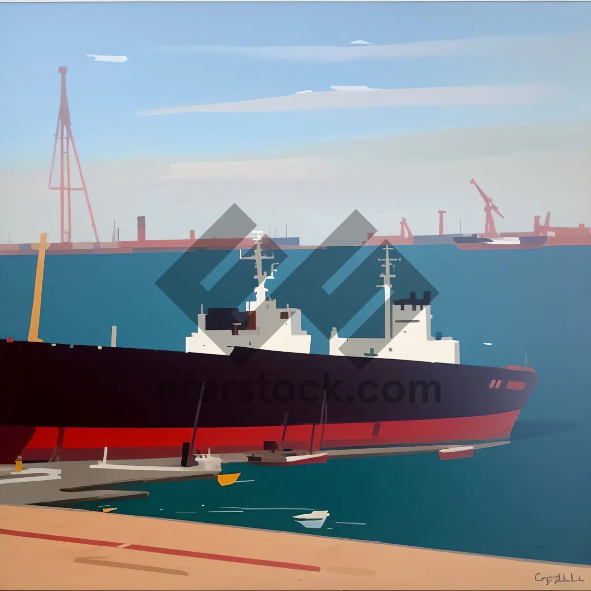 Picture of Busy Shipping Port with Container and Cargo Ships