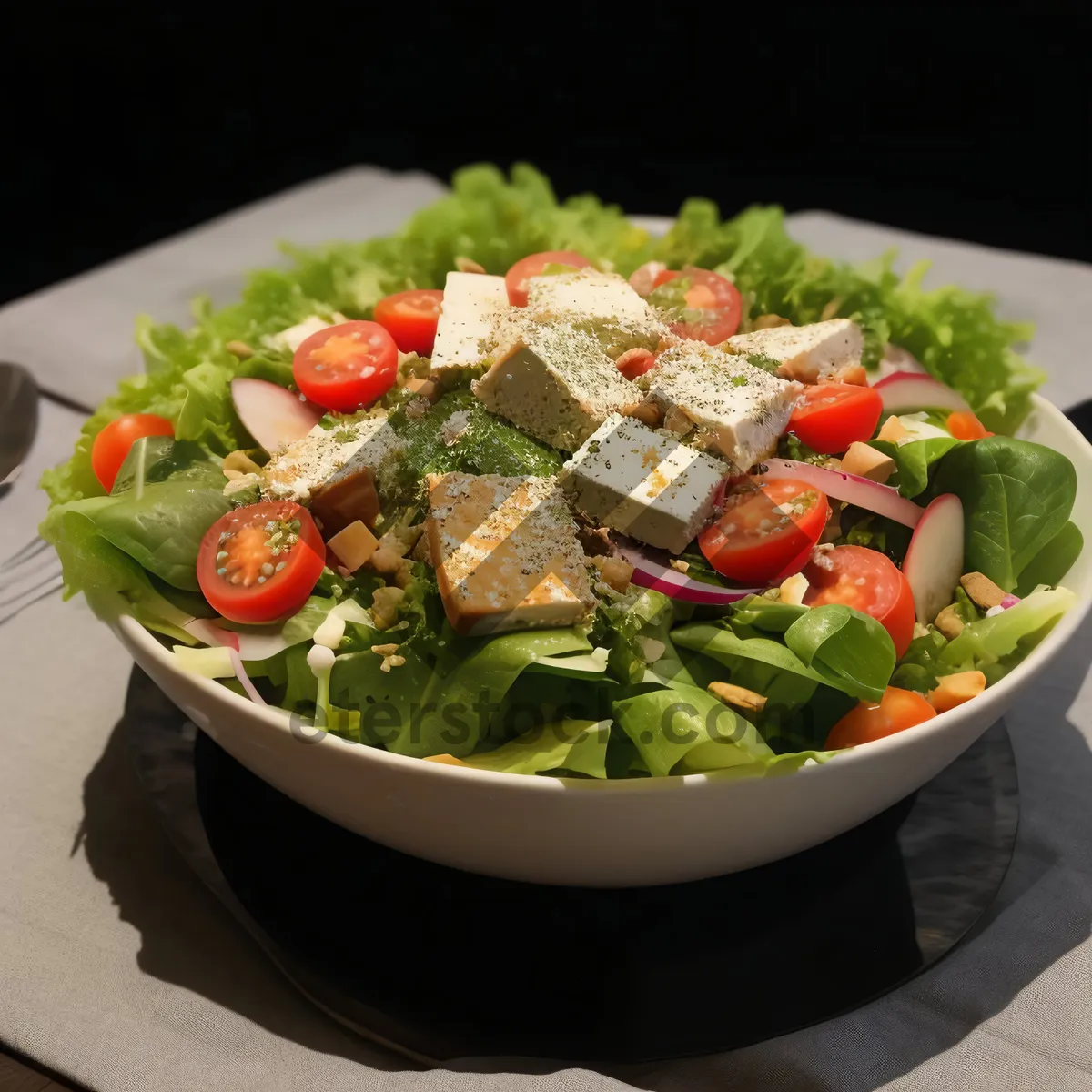 Picture of Fresh vegetable salad with cheese and tomato slices.