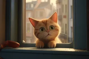 Fluffy striped kitten with curious eyes on windowsill.