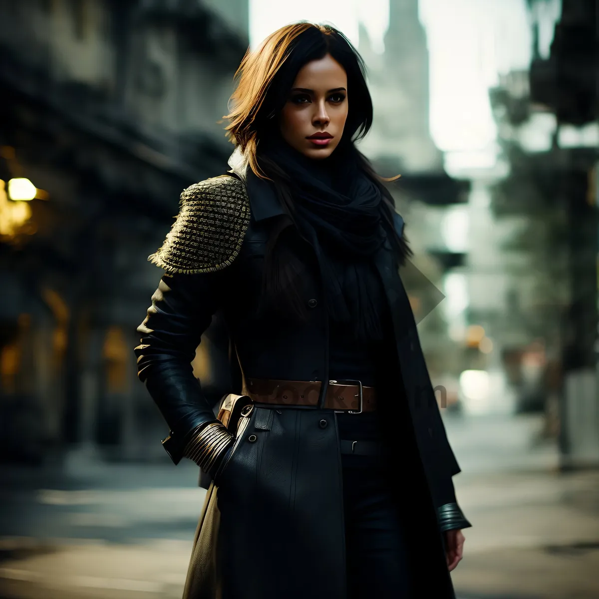 Picture of 'Attractive Brunette Model in Fashionable Leather Coat'