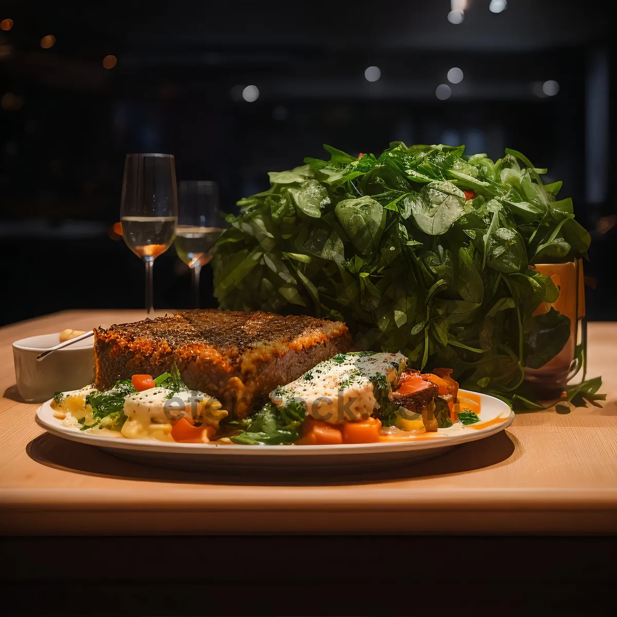 Picture of Delicious gourmet meal with fresh vegetables and meat.