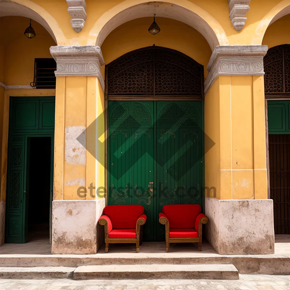 Picture of Old Church Entrance with Gothic Arch and Ancient Wall