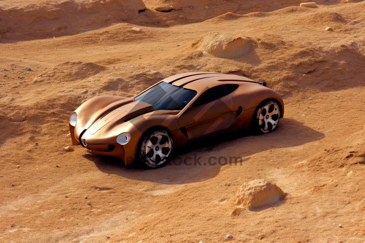 Picture of Luxury sports car speeding through desert landscapes.