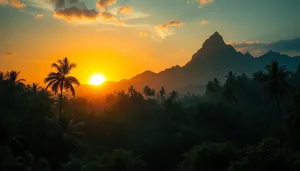 Sunset silhouette with orange sky and mountains landscape.