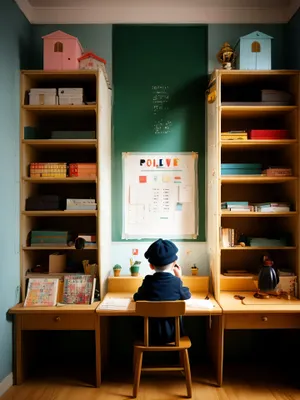 Modern Office Desk with Books on Bookcase