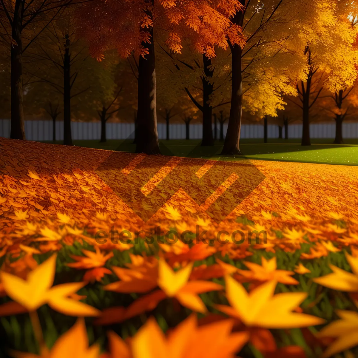 Picture of Autumn bliss: Vibrant foliage amidst pumpkin-filled landscape.